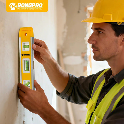 Person using 9 Inch Magnetic Torpedo Level With 45 Degree 90 Degree And 180 Degree Bubbles Magnetic Edge For Hands Free Use In Woodworking