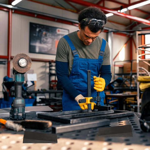 Worker using Four Piece Steel Flange Wedge Set 4 By 2 Inch Beveled Wedges for underpinning and metal shims in workshop.