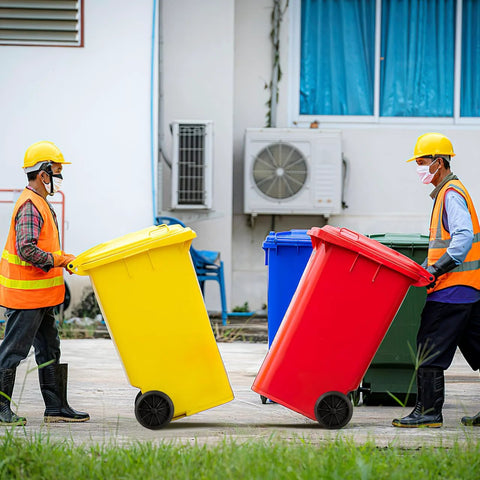 Workers moving garbage cans with Garbage Can Wheels Replacement With Metal Hollow Shaft And Small Rubber Wheels 19.68 X 7.28 X 3.93 Inches