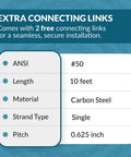 Specification table for Workhorse ANSI Chain No 50 Roller Chain 10 Feet Long Single Strand Carbon Steel Drive Chain With Five Eighth Inch Pitch.