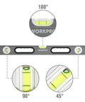 Side view of Workpro Pro Grade 3 Piece Torpedo Level Set with 24 inch non-magnetic level showing green bubbles at 45, 90, 180 degrees.