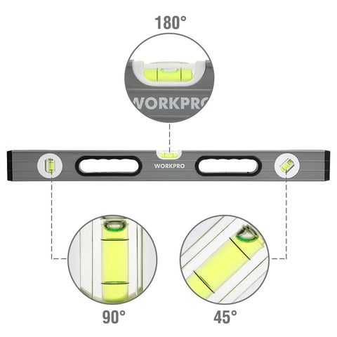 Side view of Workpro Pro Grade 3 Piece Torpedo Level Set with 24 inch non-magnetic level showing green bubbles at 45, 90, 180 degrees.