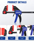 6 inch woodworking bar clamps with quick-change feature, removable jaw pads, and reinforced nylon handle by WORKPRO for home workshops.