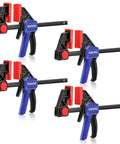 4-pack 6 inch woodworking bar clamps by WORKPRO for home workshops, featuring 150 lbs clamping power and quick-change spreader function.