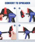Step-by-step guide on converting 6 inch woodworking bar clamps to spreader mode.