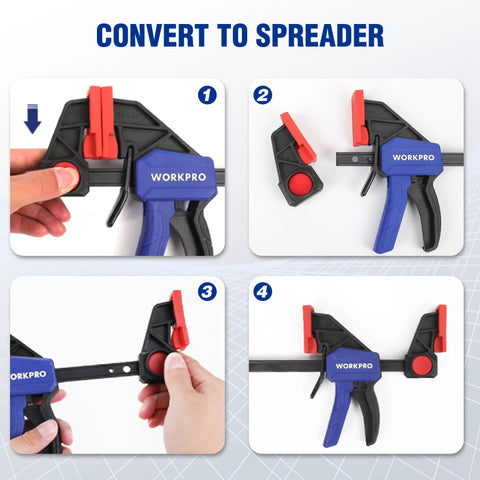 Step-by-step guide on converting 6 inch woodworking bar clamps to spreader mode.
