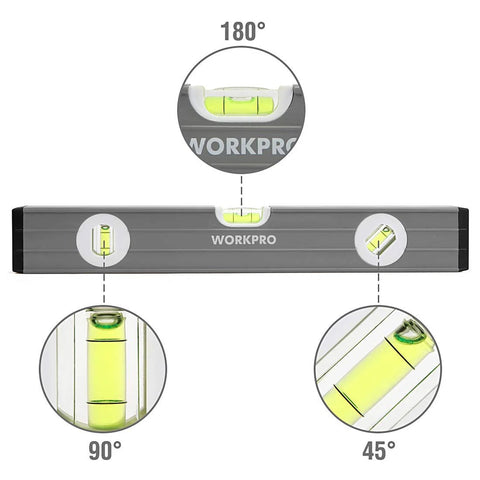 Pro Grade 3 Piece Torpedo Level Set With Magnetic 9 Inch Level And Non Magnetic 16 Inch And 24 Inch Levels showing bubble vials for 90, 45, 180 degree measurements.