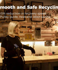 Woman in workshop with tools on wall, holding device; text reads 'Smooth and Safe Recycling' with benefits listed below.