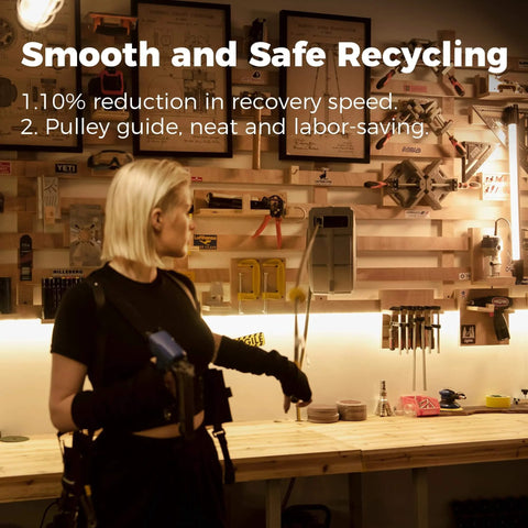 Woman in workshop with tools on wall, holding device; text reads 'Smooth and Safe Recycling' with benefits listed below.