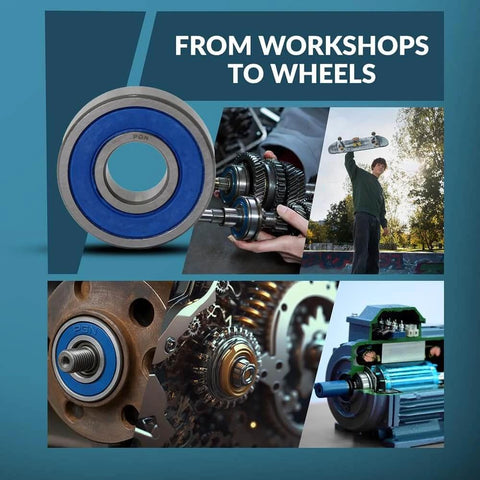 Collage showing uses for (10 Pack) 6205-2RS Bearing - Lubricated Chrome Steel Sealed Ball Bearing including mechanical and recreational applications.