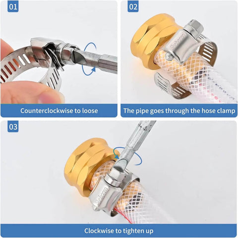 12 Pack 304 Stainless Steel SAE 24 Worm Gear Hose Clamps Adjustable From 1 And 1 Sixteenth Inch To 2 Inches Ideal For Automotive Marine Plumbing And Industrial Applications Corrosion Resistant Band Clamp Set installed on pipe showing tightening process.