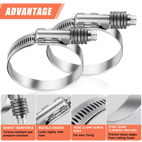 Close-up view of 4 Pack Heavy Duty Worm Gear Hose Clamps Adjustable Range One To One And Three Quarter Inches 25 To 45 Mm 304 Stainless Steel