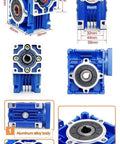 Worm Gear Reducer 60 mm Shaft Size 1-Pack Nmrv030 with aluminum alloy body, detailed views of input and output bores for industrial systems