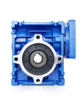 Front view of a blue ✝️ Worm Gear Reducer 60 mm Shaft Size 1-Pack Nmrv030 with strong housing for rotary equipment.