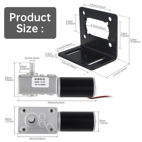Diagram showing measurements of Worm Gear Reducer 8 mm Shaft Size 1-Pack 12V Worm Gear Motor