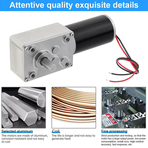 ✝️ Worm Gear Reducer 8 mm Shaft Size 1-Pack 12V Worm Gear Motor with housing and wires, shown with materials and processing details.