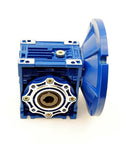 Front view of a blue 5/8 Output Worm Gear 50:1 56C Speed Reducer with mounting flange, showcasing the input and output shaft details.