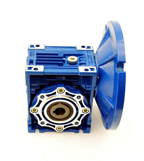 Front view of a blue 5/8 Output Worm Gear 50:1 56C Speed Reducer with mounting flange, showcasing the input and output shaft details.