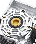 Close-up of 24V variable speed Worm Gear Reducer with 18 mm shaft size and 84 lb load capacity in strong housing for rotary equipment and power transmission.