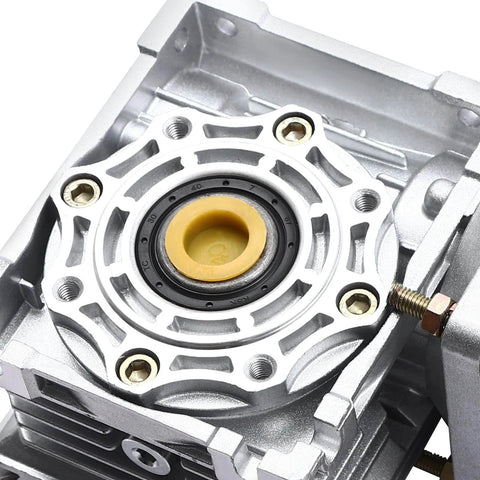 Close-up of 24V variable speed Worm Gear Reducer with 18 mm shaft size and 84 lb load capacity in strong housing for rotary equipment and power transmission.