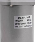 Close-up of DC motor label highlighting type DM09, 200W output, 24V, relevant to Worm Gear Reducer 18 mm Shaft Size 84 lb Load Capacity