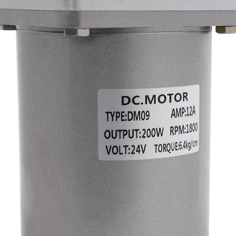 Close-up of DC motor label highlighting type DM09, 200W output, 24V, relevant to Worm Gear Reducer 18 mm Shaft Size 84 lb Load Capacity