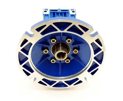 Front view of 5/8 Output Worm Gear 50:1 56C Speed Reducer showing blue body and silver flange details.