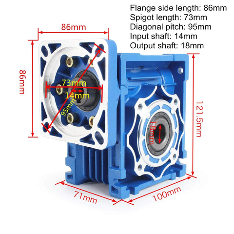Front view of blue Worm Gear Reducer 86 mm Shaft Size 1-Pack Nmrv040 Worm Gearbox for rotary equipment, showing dimensions.