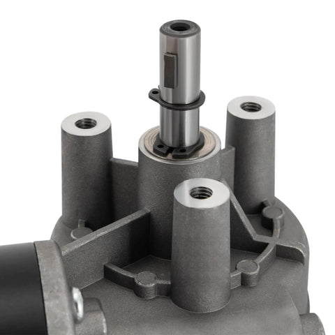 Worm Gear Reducer 63 mm Shaft Size 87 lb Load Capacity 1-Pack Reduction Motor 24V 220, gray metal housing close-up view.