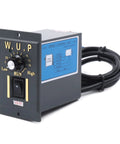 Speed control unit for worm gear reducer showing dial, switch, and wiring diagram for 14 mm shaft size 11 lb load capacity 110V 120W.