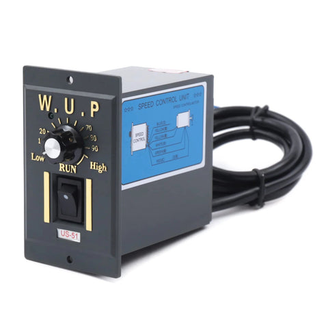 Speed control unit for worm gear reducer showing dial, switch, and wiring diagram for 14 mm shaft size 11 lb load capacity 110V 120W.