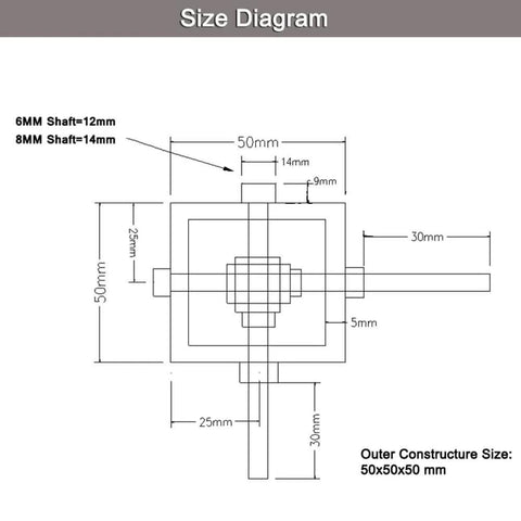 Size diagram of 10:1 Right Angle Worm Gearbox 90° Angle Drive Steering Gear Device 20T Reduction Gearbox Simple Mechanical DIY Module