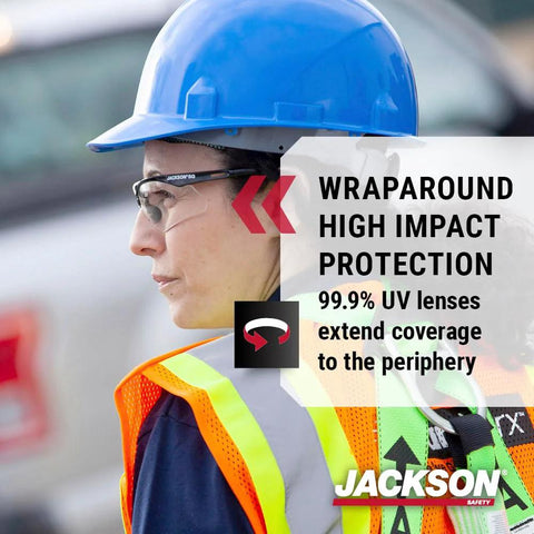 Person wearing SG Safety Glasses Anti Scratch Lenses With Flexible Frames ANSI Z87.1 Pack Of 3, hard hat, and hi-vis vest on site