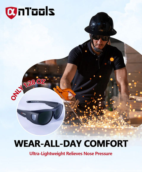 Wraparound Welding Glasses With UV Protection And Anti Scratch Lens ANSI OSHA worn by worker in welding setting