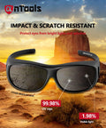 Wraparound Welding Glasses With UV Protection And Anti Scratch Lens ANSI OSHA feature diagram in desert backdrop