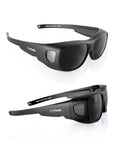 Wraparound Welding Glasses With UV Protection And Anti Scratch Lens ANSI OSHA shown in two angles, black polycarbonate frame.