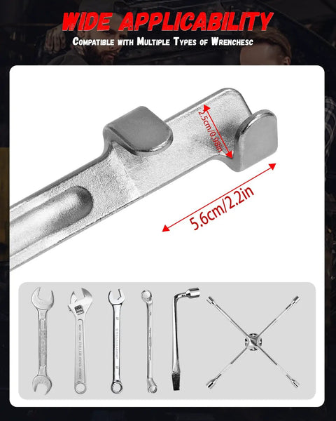 Metal Wrench Extender Tool Bar For Universal Half Inch Drive, close-up view showing dimensions and wrench compatibility icons.