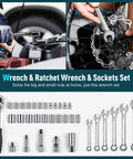 Wrench and ratchet wrench set with sockets laid out, used for bike and car maintenance, displayed with tools and hands shown in use.