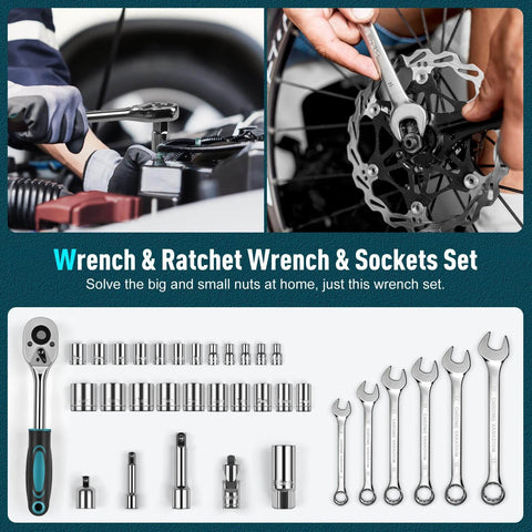 Wrench and ratchet wrench set with sockets laid out, used for bike and car maintenance, displayed with tools and hands shown in use.