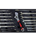 Assorted wrenches and adjustable spanner from the 439-Piece Mechanic Tool Set in Heavy-Duty 3-Drawer Steel Box