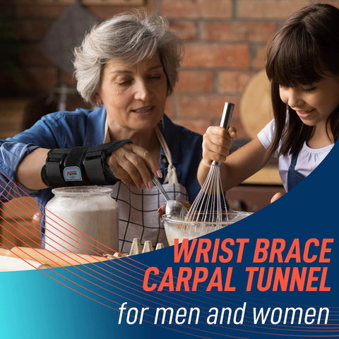 Wrist Brace For Carpal Tunnel Right Hand Night And Day Support Removable Metal Splint With Three Adjustable Straps in use while baking.