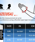 Sizing chart for wrist brace showing measurements for small/medium, medium/large, and large/extra-large sizes.