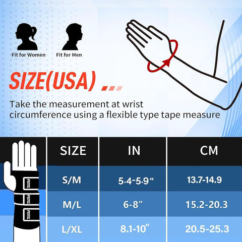 Sizing chart for wrist brace showing measurements for small/medium, medium/large, and large/extra-large sizes.