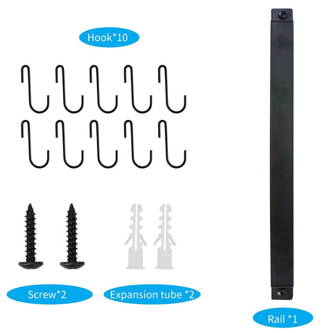 Wrought Iron Kitchen Holder: 10-Hook Wall-Mounted Utensil Rack with Black Finish, includes screws, expansion tubes, and rail.