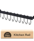 Wrought Iron Kitchen Holder: 10-Hook Wall-Mounted Utensil Rack with Black Finish for pots, pans, and mugs, packaging box shown