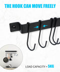 Close-up of black Wrought Iron Kitchen Holder: 10-Hook Wall-Mounted Utensil Rack showing movable hooks and load capacity text.