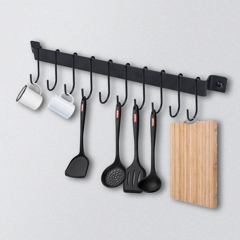 Wrought Iron Kitchen Holder: 10-Hook Wall-Mounted Utensil Rack with Black Finish holding mugs and kitchen tools