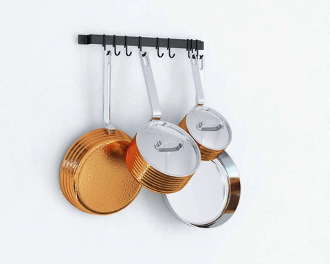 Gourmet Kitchen Rail with 10 Hooks, Wall Mounted Wrought Iron Hanging Utensil Holder Rack with Black 17 Inch holding pots and pans