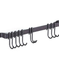 Gourmet Kitchen Rail with 10 Hooks in black wrought iron, wall-mounted for hanging utensils, 17-inch holder, side view