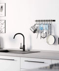 Gourmet Kitchen Rail with 10 Hooks, Wall Mounted Wrought Iron Hanging Utensil Holder Rack with Black 17 Inch, holding utensils above kitchen counter